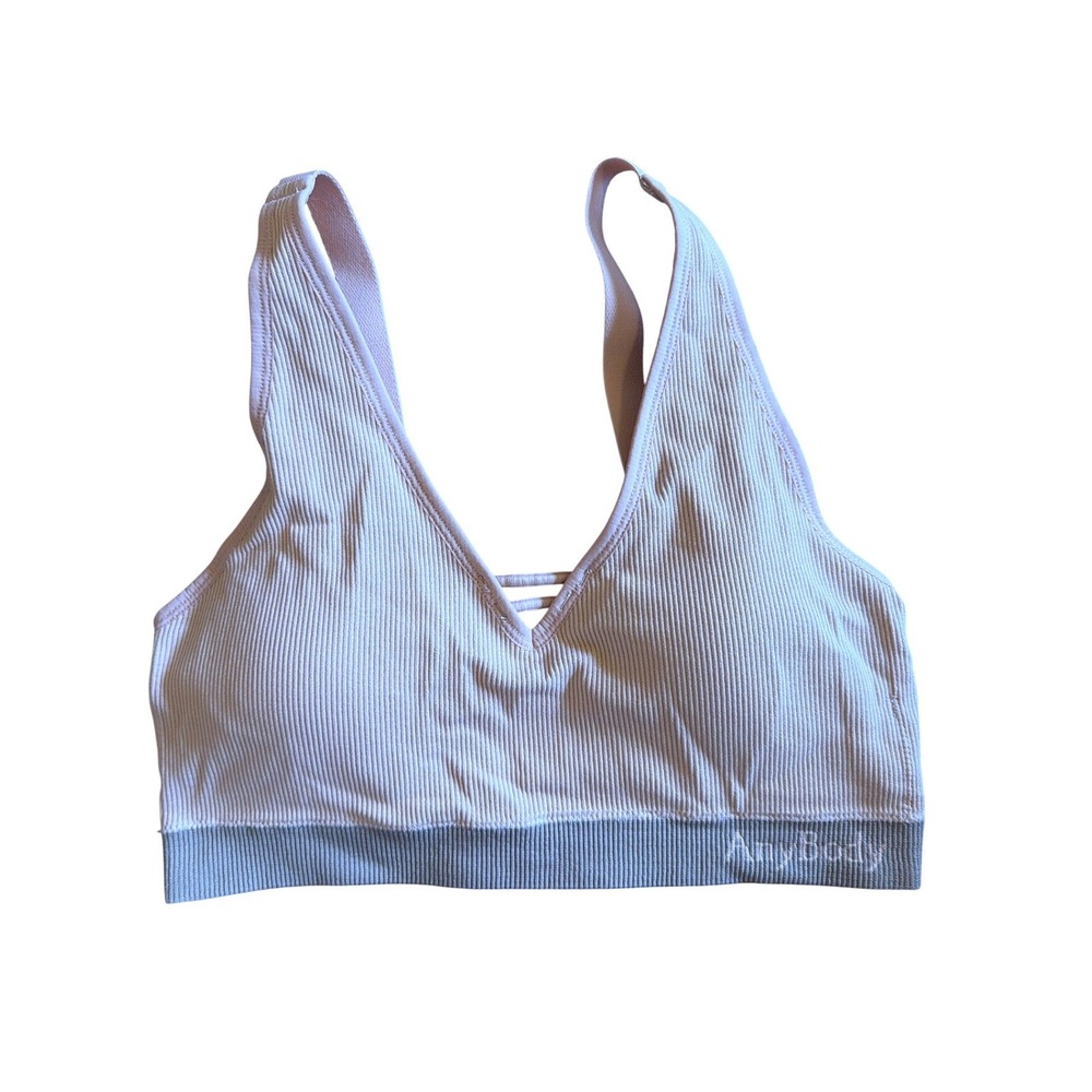 AnyBody Women Ribbed Seamless Bralette Blush Pink Grey Band Size L V-Neck Bra